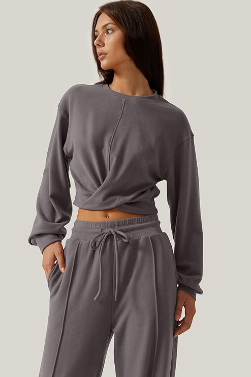 Kinsen 2-Piece Women's Lounge Set — Wrap Crop Sweatshirt & Wide-Leg Pants