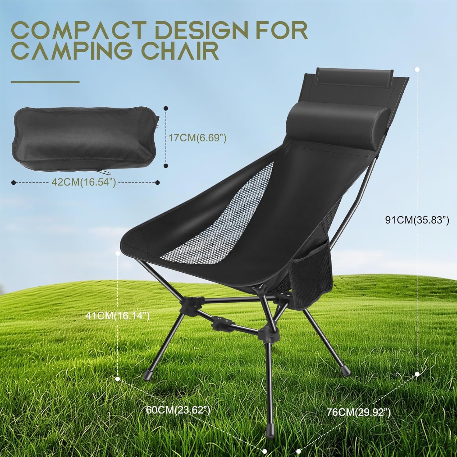 GITU Camping Chair — Portable Folding Chair with Headrest & Storage Bag