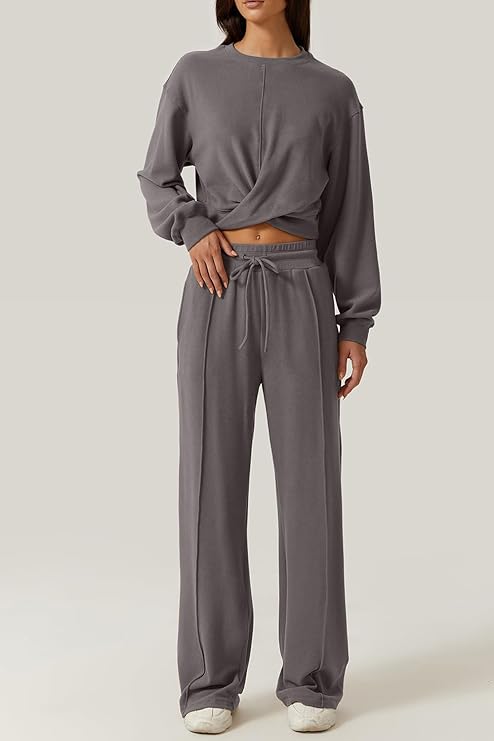 Kinsen 2-Piece Women's Lounge Set — Wrap Crop Sweatshirt & Wide-Leg Pants
