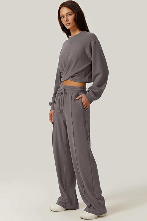 Kinsen 2-Piece Women's Lounge Set — Wrap Crop Sweatshirt & Wide-Leg Pants