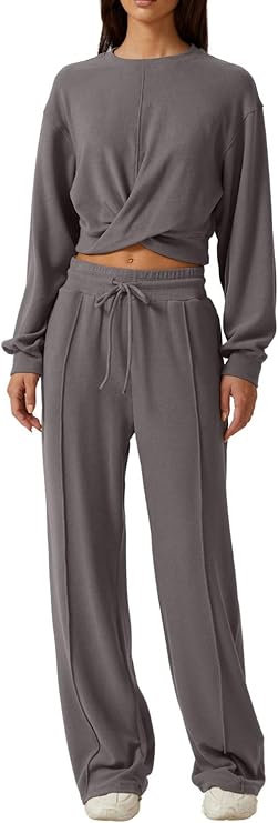 Kinsen 2-Piece Women's Lounge Set — Wrap Crop Sweatshirt & Wide-Leg Pants