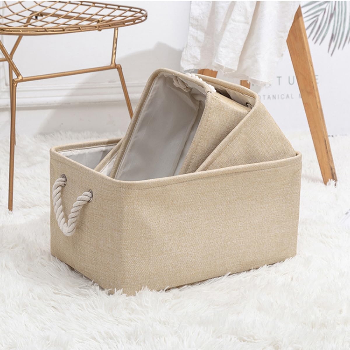 ECVV Foldable Rectangular Storage Basket with Handles, Beige