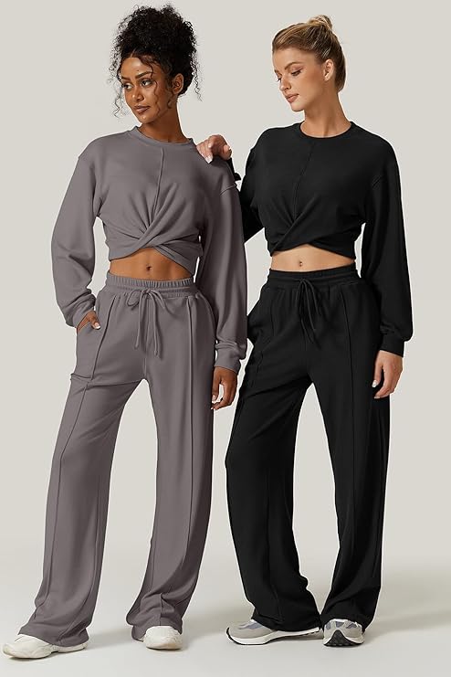 Kinsen 2-Piece Women's Lounge Set — Wrap Crop Sweatshirt & Wide-Leg Pants