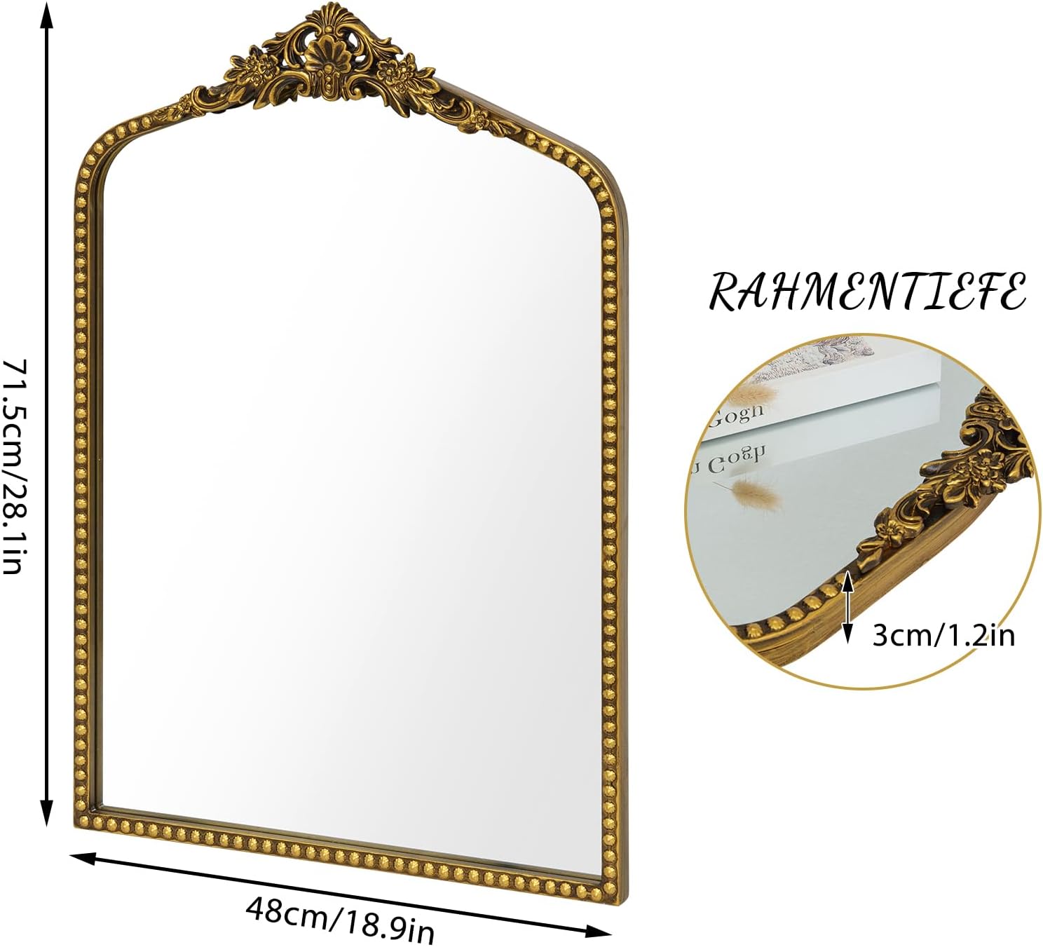 Outexpo Baroque Gold Arched Wall Mirror — 48 x 71.5 cm, Vintage Frame