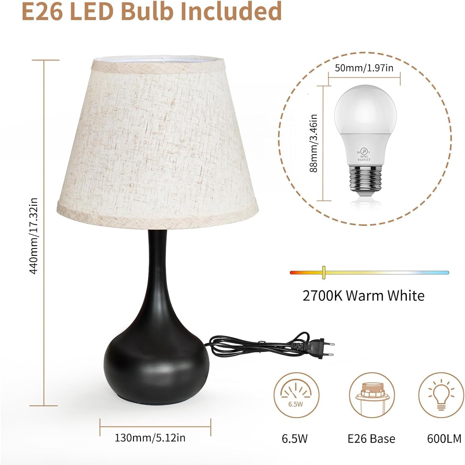 Mylind Touch Bedside Table Lamp — 3-Way Dimmable, Fabric Shade, Includes Bulb