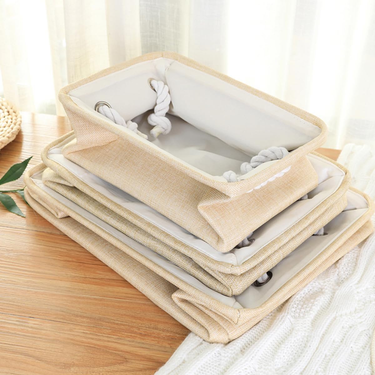 ECVV Foldable Rectangular Storage Basket with Handles, Beige