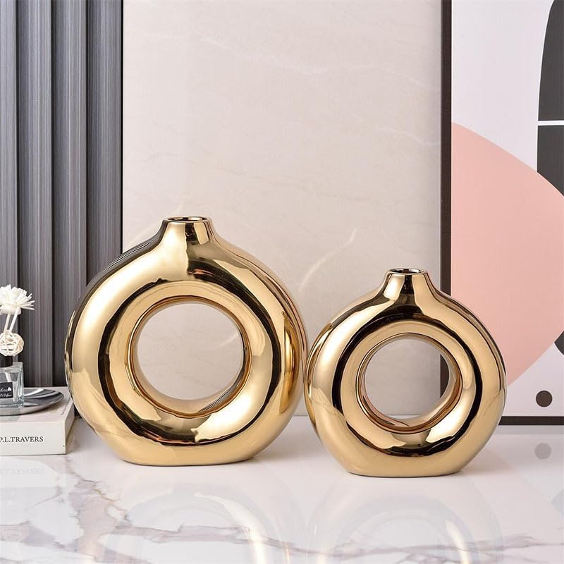 Aozony Gold Ceramic Vase Set — 2-Piece Round Decorative Vases