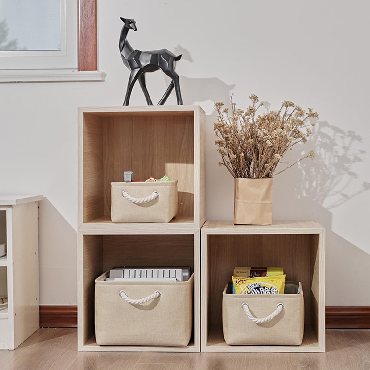 ECVV Foldable Rectangular Storage Basket with Handles, Beige