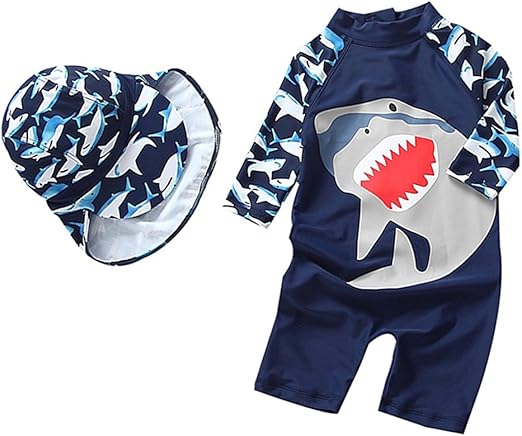 Boys One-Piece Swimsuit with Zipper and Hat