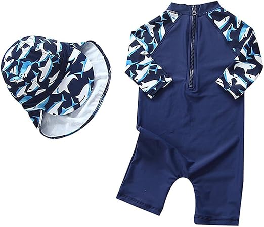 Boys One-Piece Swimsuit with Zipper and Hat