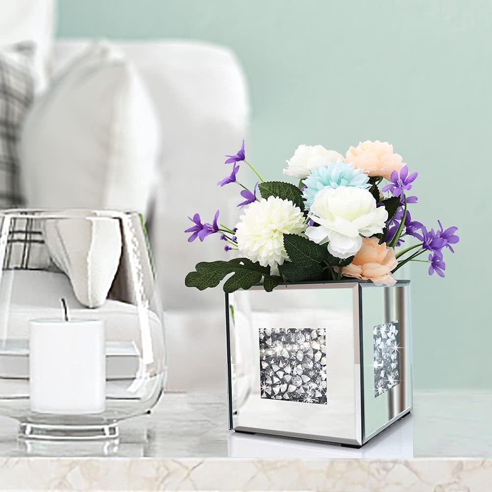 Diamond-Crushed Mirrored Glass Vase — 6"x6"x6", Silver Crystal Decor