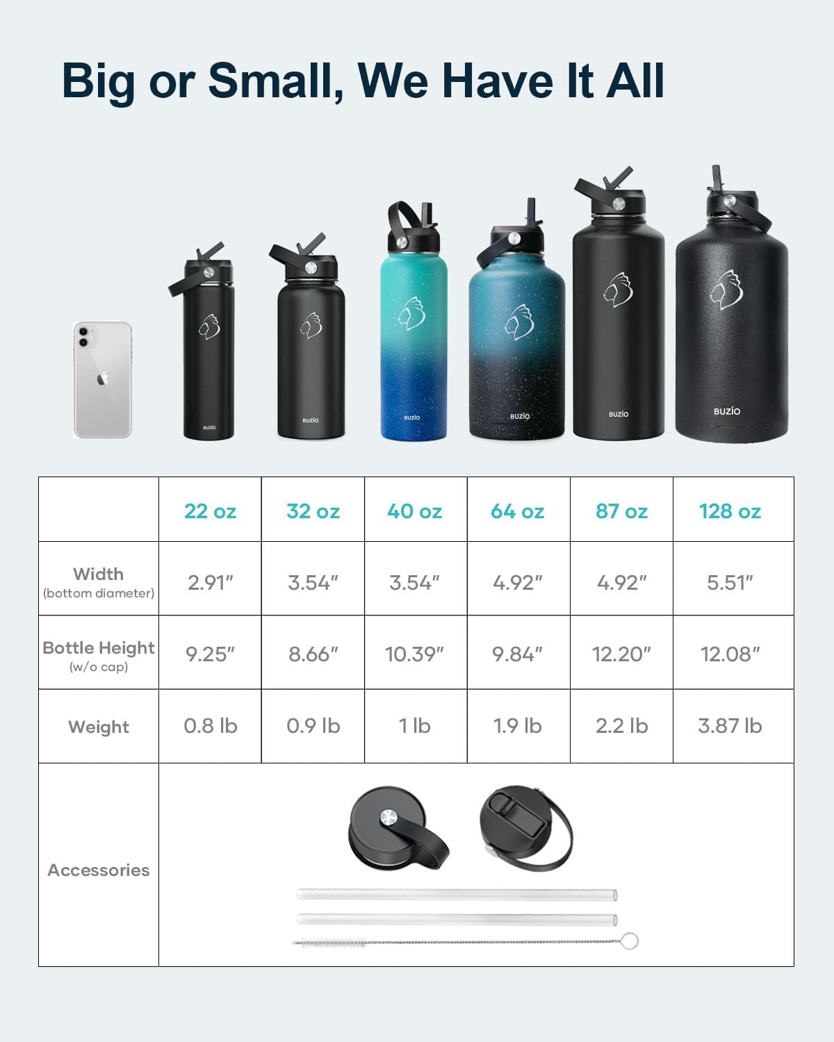 Buzio 1-Gallon Stainless Steel Water Bottle with Straw