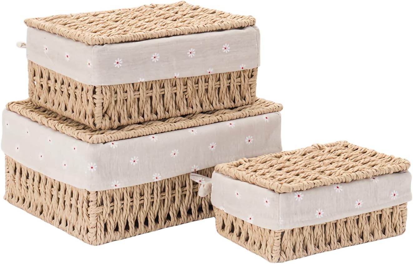 Small Bamboo Storage Baskets with Lids and Liner, Set of 3, Beige