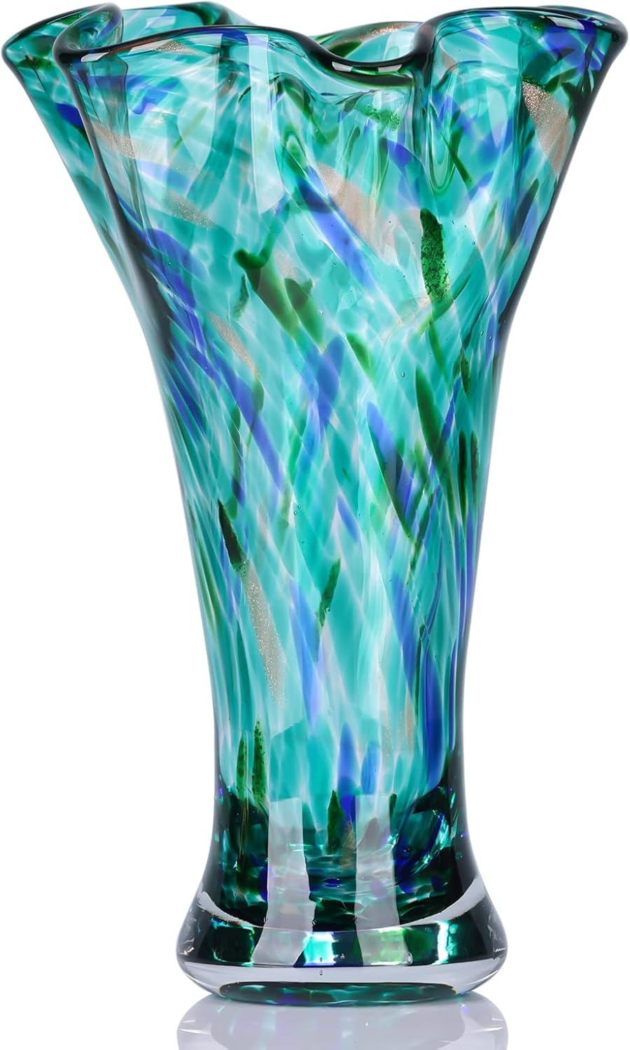 Hand-Blown Teal Glass Vase — 9" Tall, Wide Opening, Decorative Home Accent