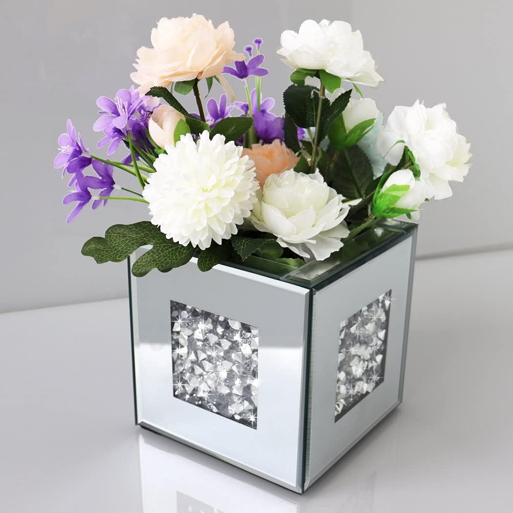 Diamond-Crushed Mirrored Glass Vase — 6"x6"x6", Silver Crystal Decor