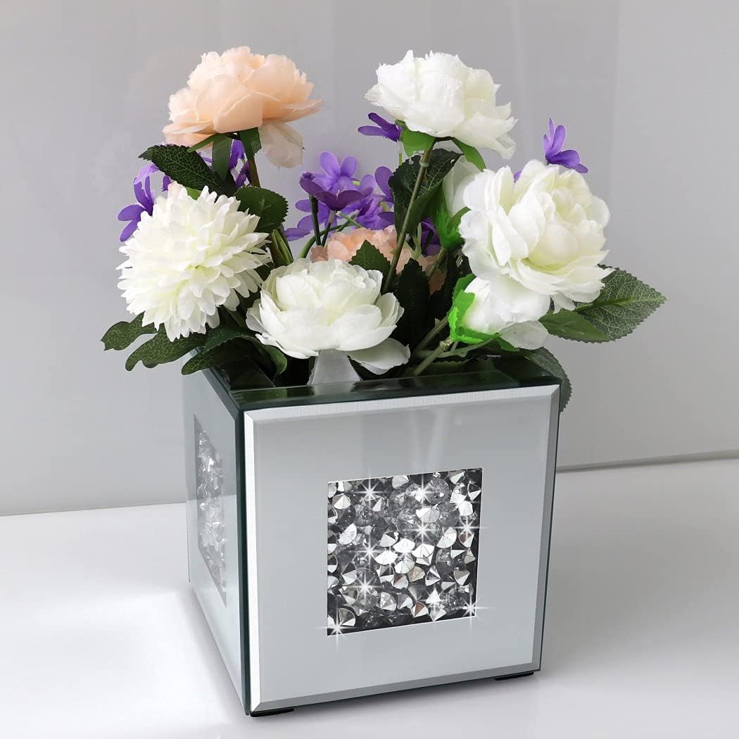 Diamond-Crushed Mirrored Glass Vase — 6"x6"x6", Silver Crystal Decor