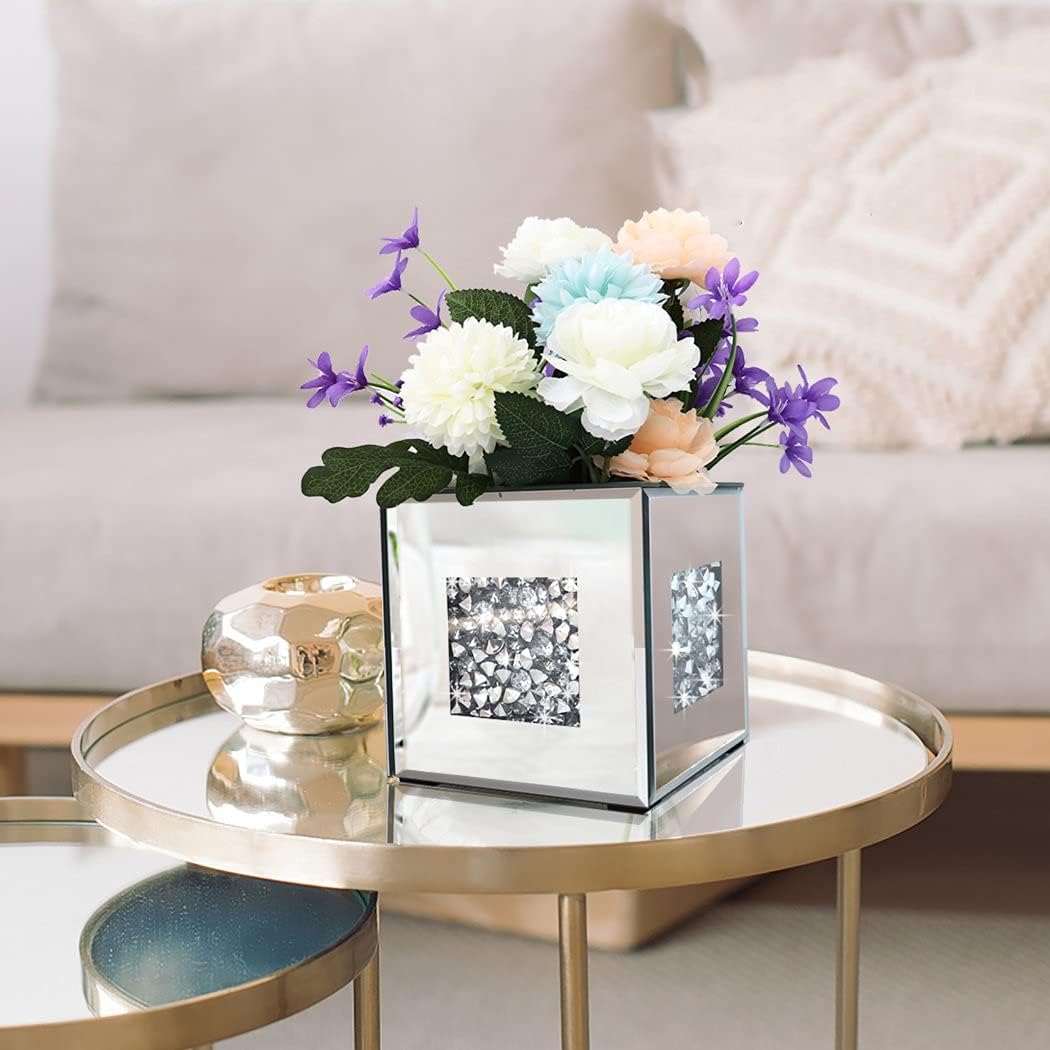 Diamond-Crushed Mirrored Glass Vase — 6"x6"x6", Silver Crystal Decor