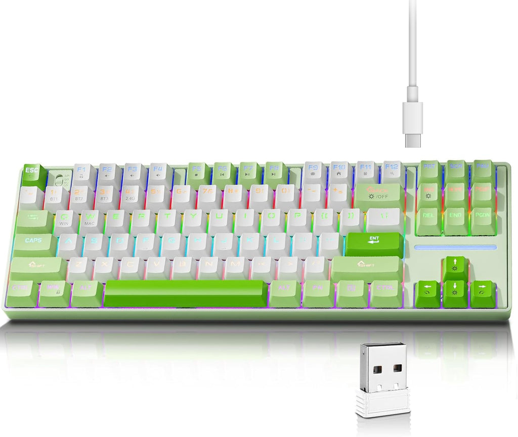YORKABO MK87 Ergonomic Wireless Keyboard, Green & White