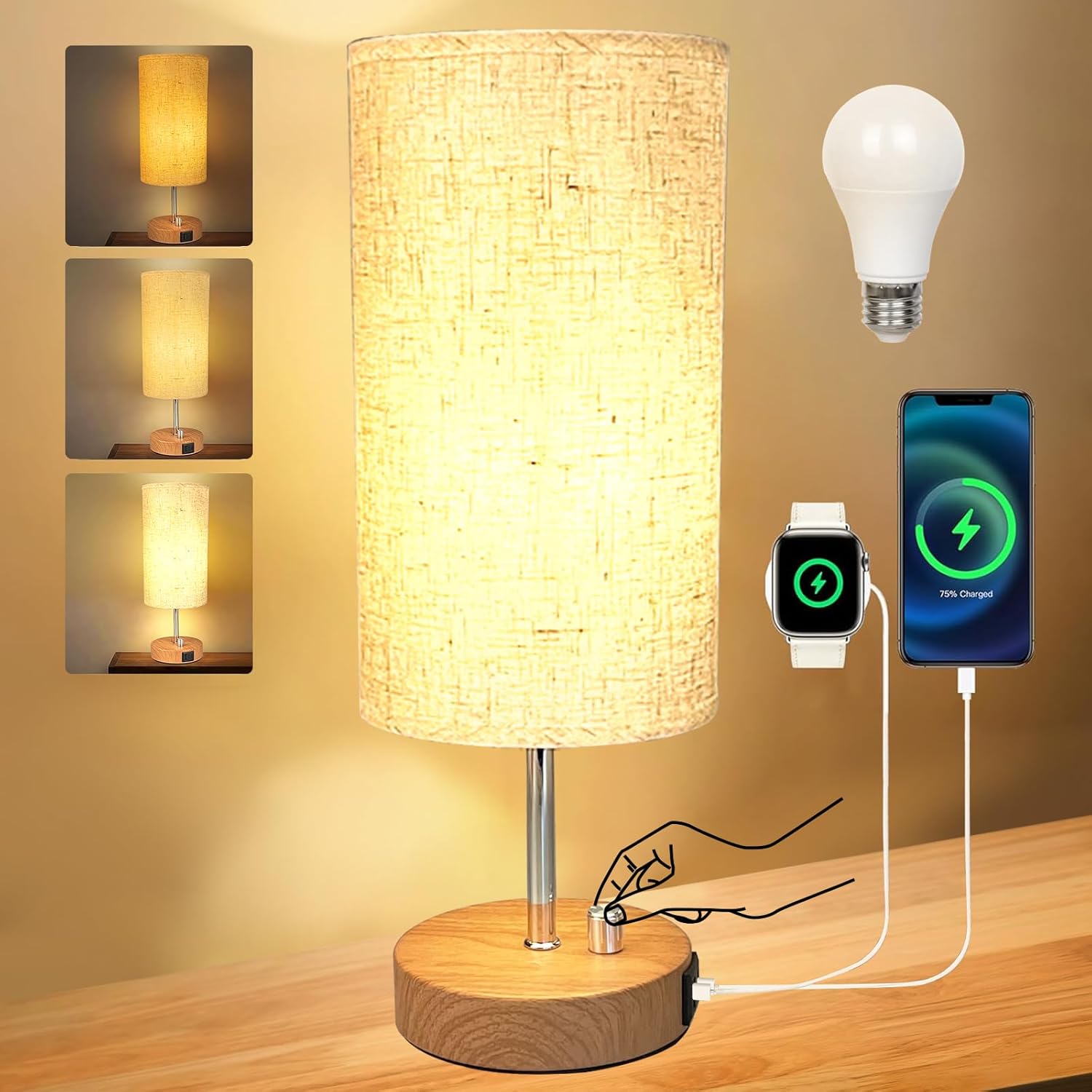Elegant Bedside Lamp with Wooden Base