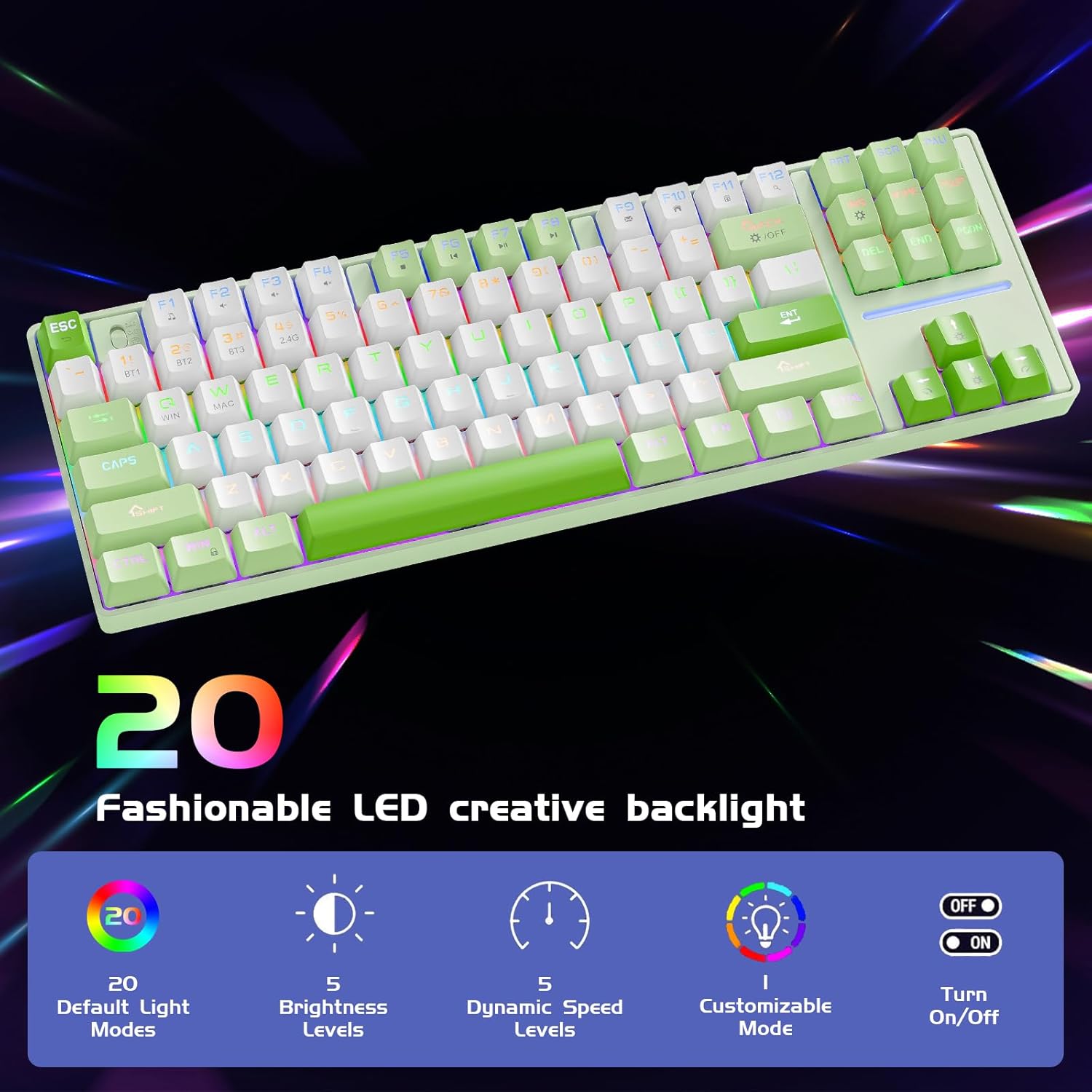 YORKABO MK87 Ergonomic Wireless Keyboard, Green & White