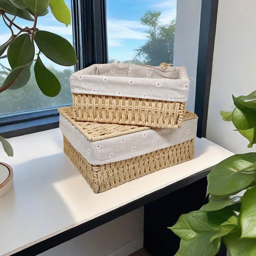 Small Bamboo Storage Baskets with Lids and Liner, Set of 3, Beige