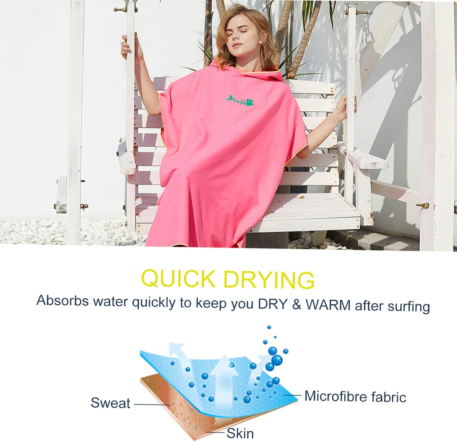 Morelean Quick-Dry Microfiber Beach Poncho — Hooded, Pink