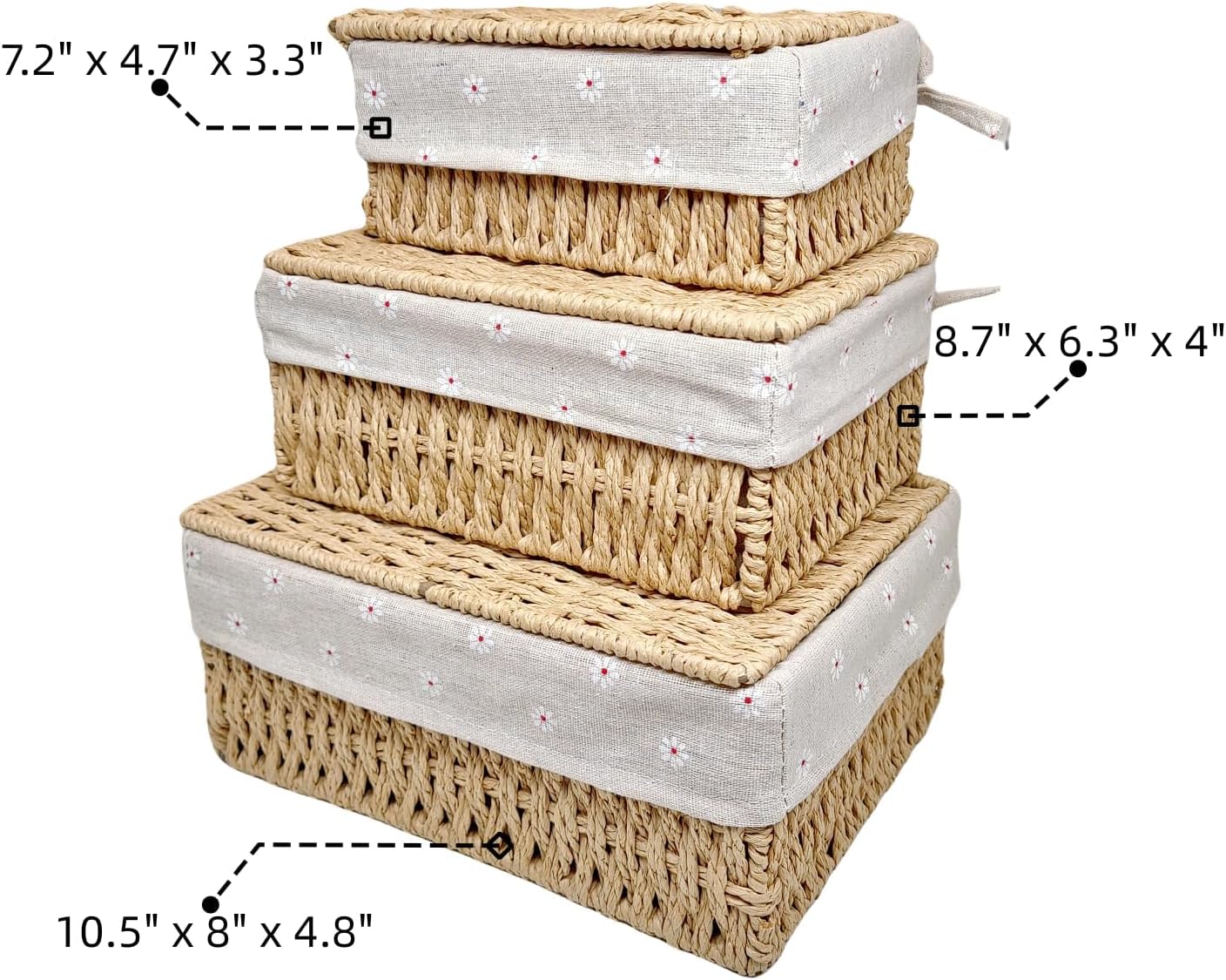 Small Bamboo Storage Baskets with Lids and Liner, Set of 3, Beige
