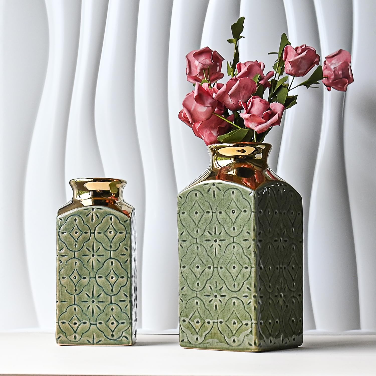 LIZOFER Ceramic Vase Set — 2 Vintage Greenish Gold Pieces, 24cm & 20cm