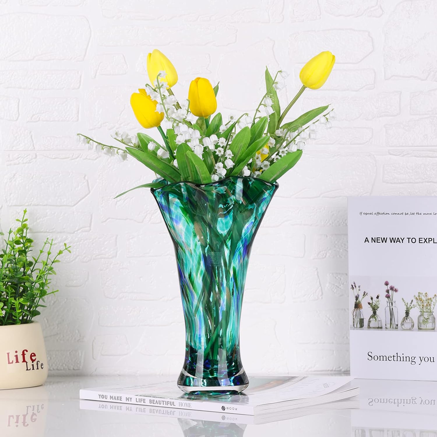 Hand-Blown Teal Glass Vase — 9" Tall, Wide Opening, Decorative Home Accent