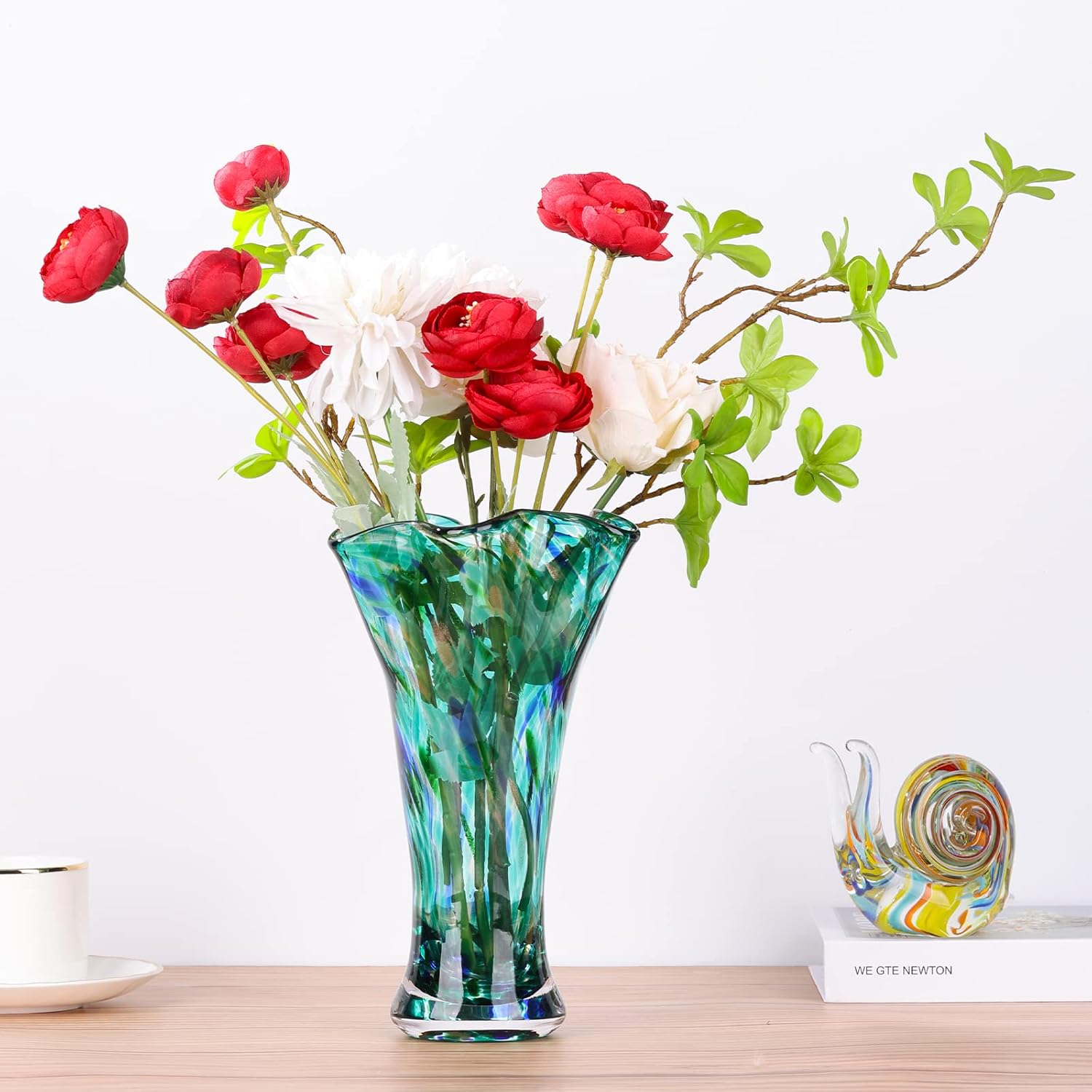 Hand-Blown Teal Glass Vase — 9" Tall, Wide Opening, Decorative Home Accent