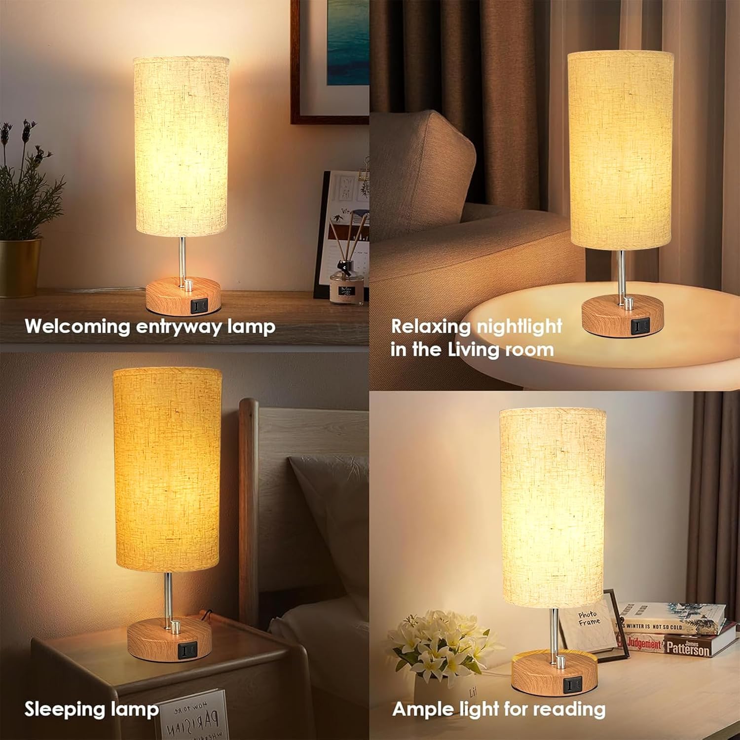 Elegant Bedside Lamp with Wooden Base