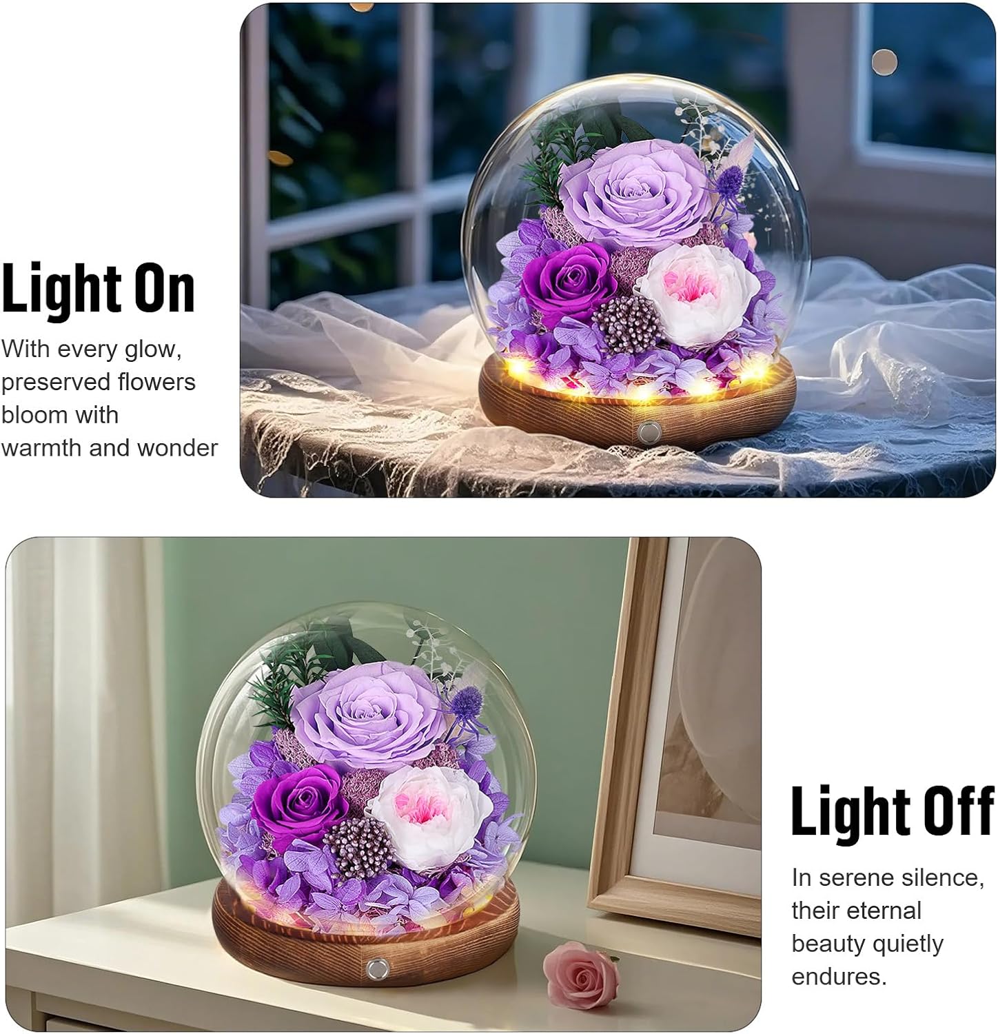 Preserved Rose Dome with LED Lights — Purple Eternal Gift
