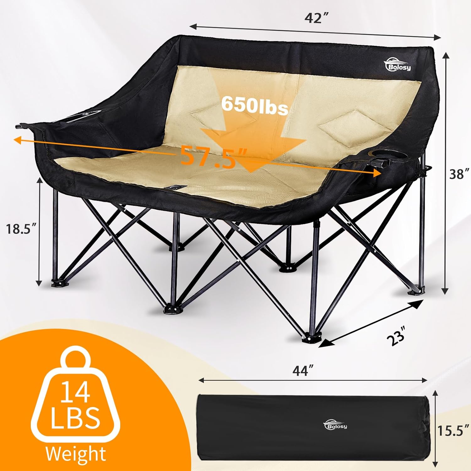 2-Person Folding Camping Loveseat — Heavy Duty, Supports 650 lbs, Beige