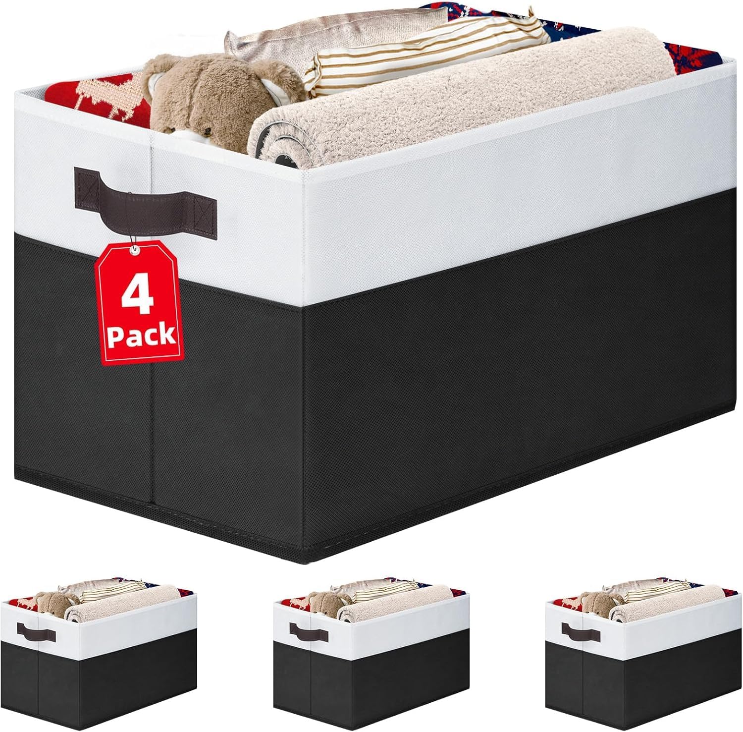 4-Pack Large Fabric Storage Baskets with Handles, Black