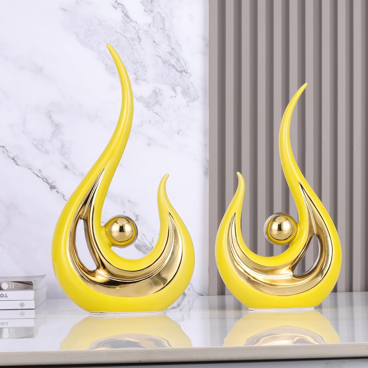 Luxury Yellow & Gold Ceramic Decor Statue — Modern Table & Living Room Accent