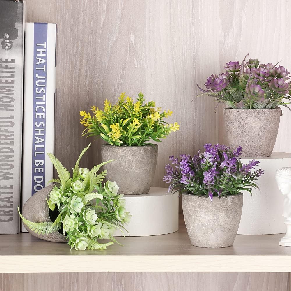 Mini Artificial Flower Shrubs — Set of 6 Green Decorative Pots