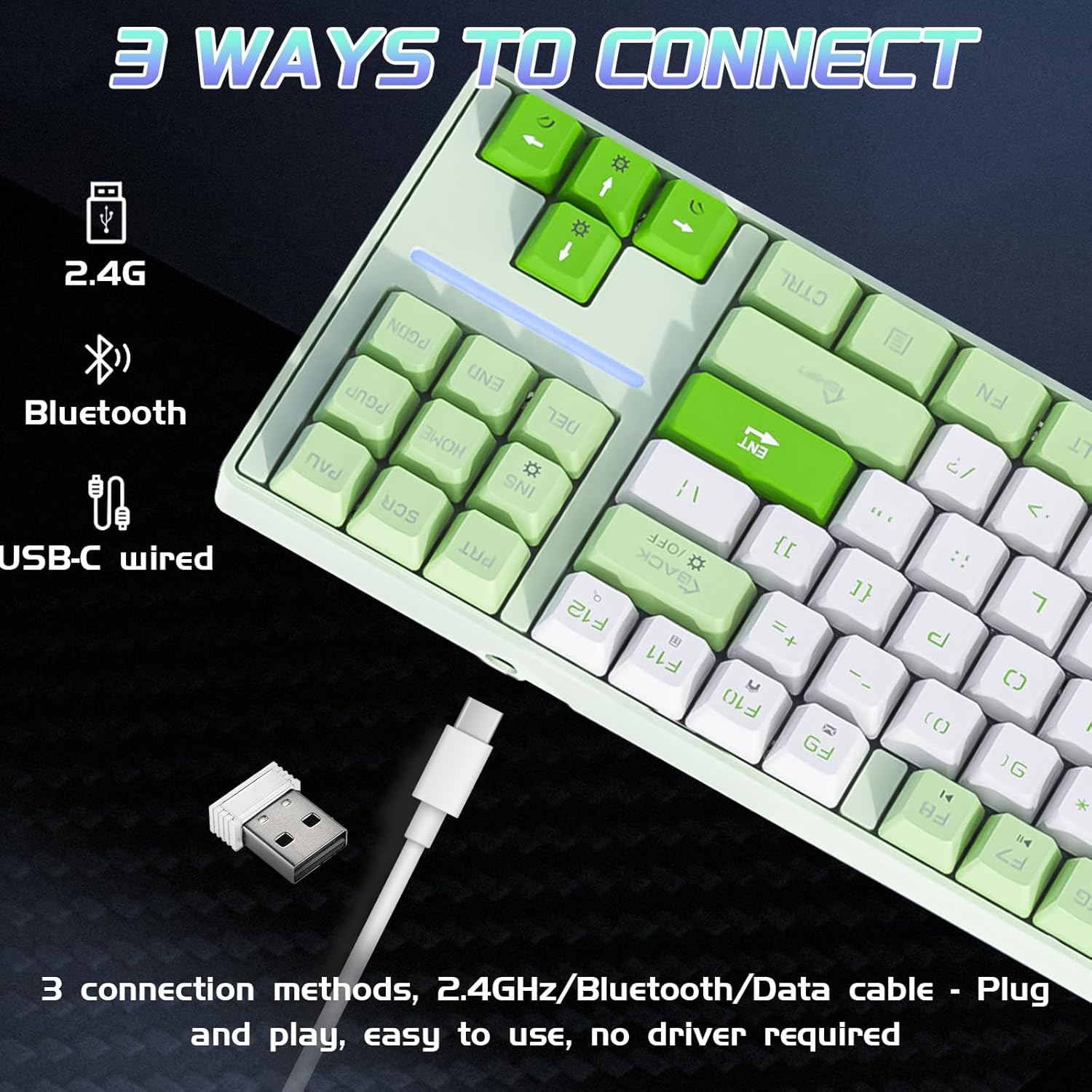 YORKABO MK87 Ergonomic Wireless Keyboard, Green & White