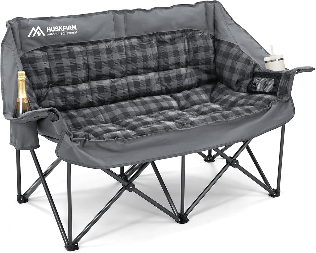 Huskvorm Double Camping Chair — Heavy Duty Padded Loveseat with Cup Holders & Carry Bag, Grey