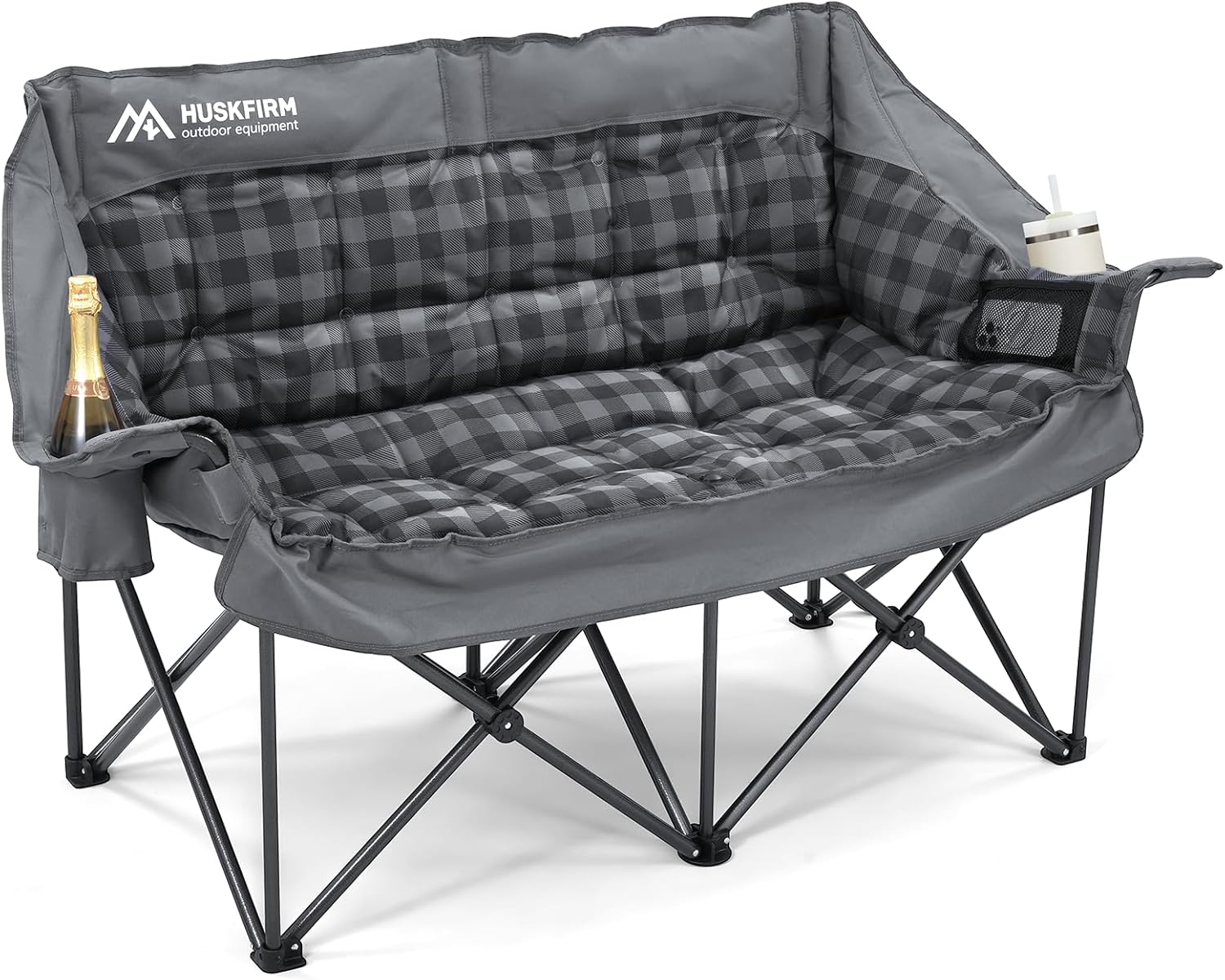 Huskvorm Double Camping Chair — Heavy Duty Padded Loveseat with Cup Holders & Carry Bag, Grey