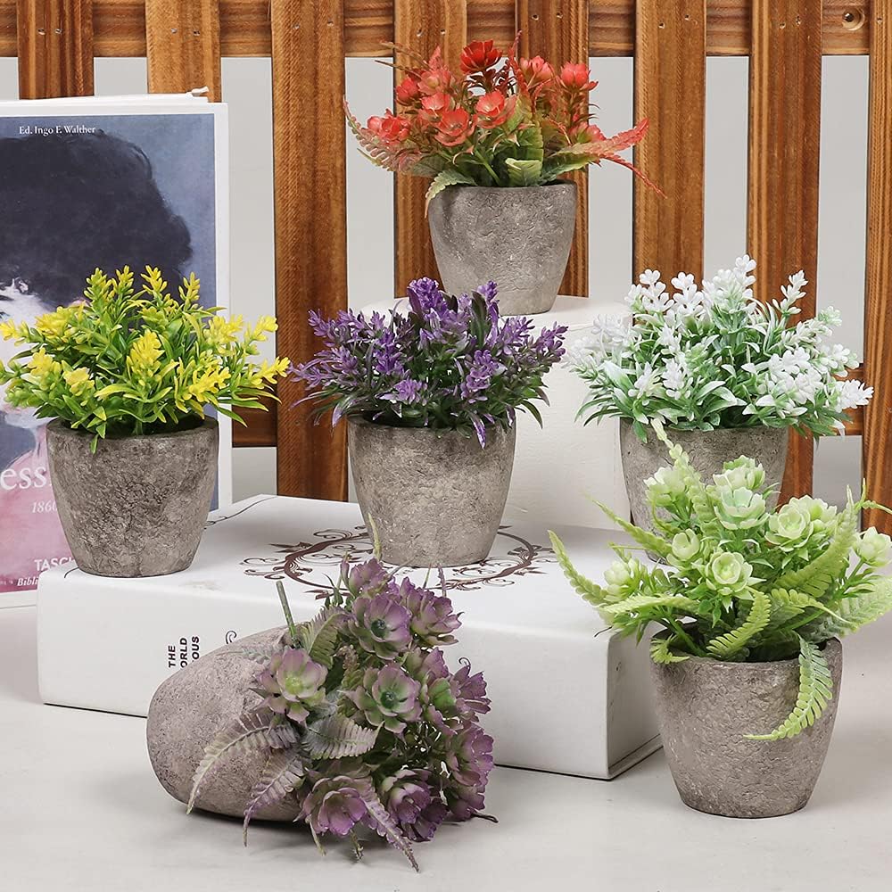 Mini Artificial Flower Shrubs — Set of 6 Green Decorative Pots