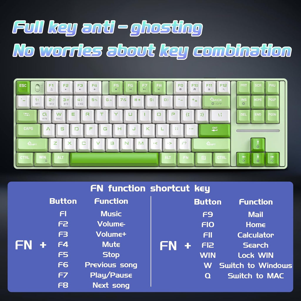 YORKABO MK87 Ergonomic Wireless Keyboard, Green & White