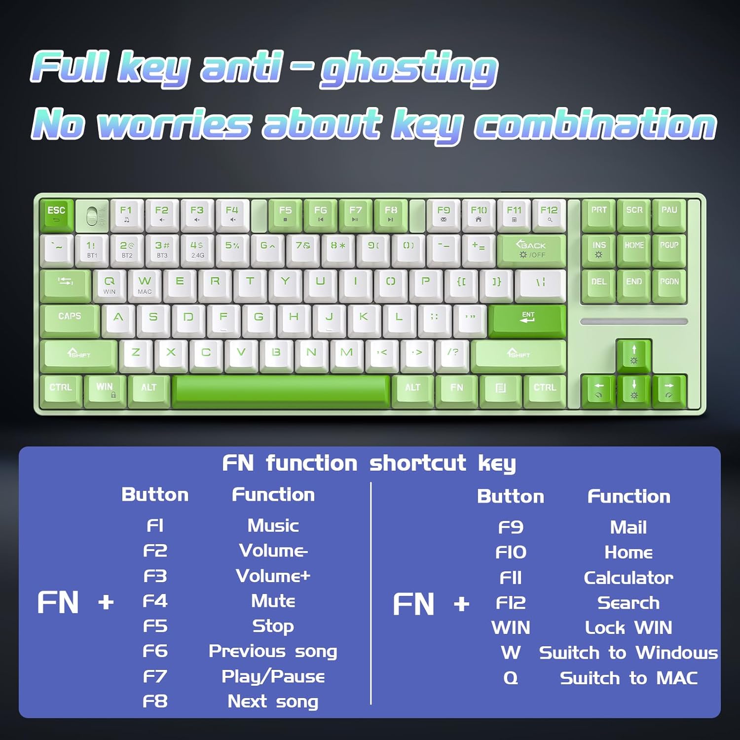 YORKABO MK87 Ergonomic Wireless Keyboard, Green & White