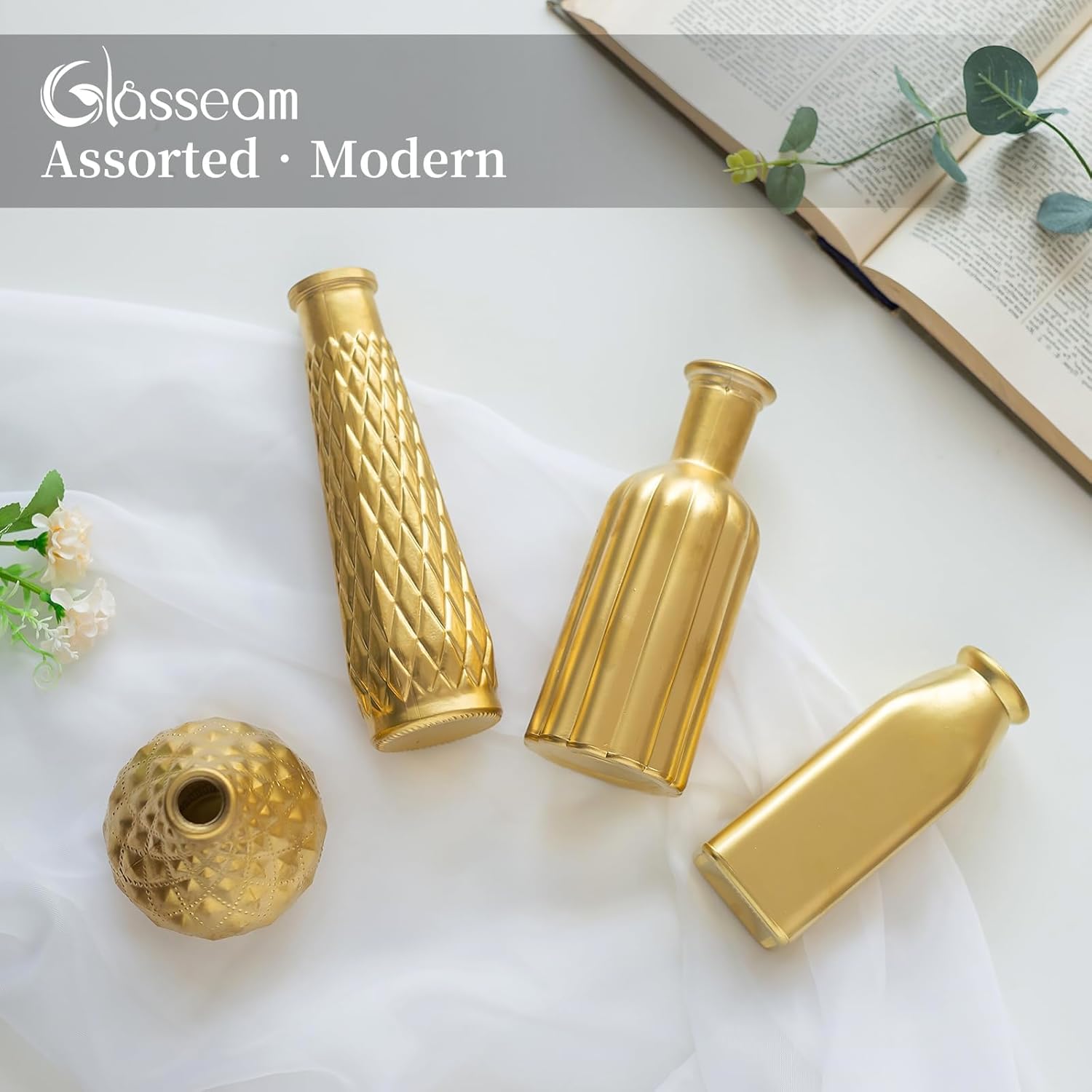 Glaciam 8-Piece Gold Glass Vase Set — Vintage Cylindrical Centerpieces