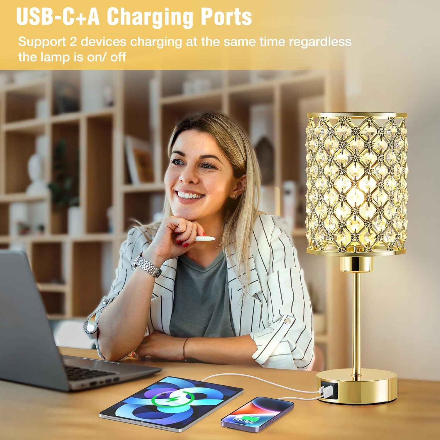 Crystal Touch Table Lamp — Gold, 3-Way Dimmable with USB-C & USB-A Ports