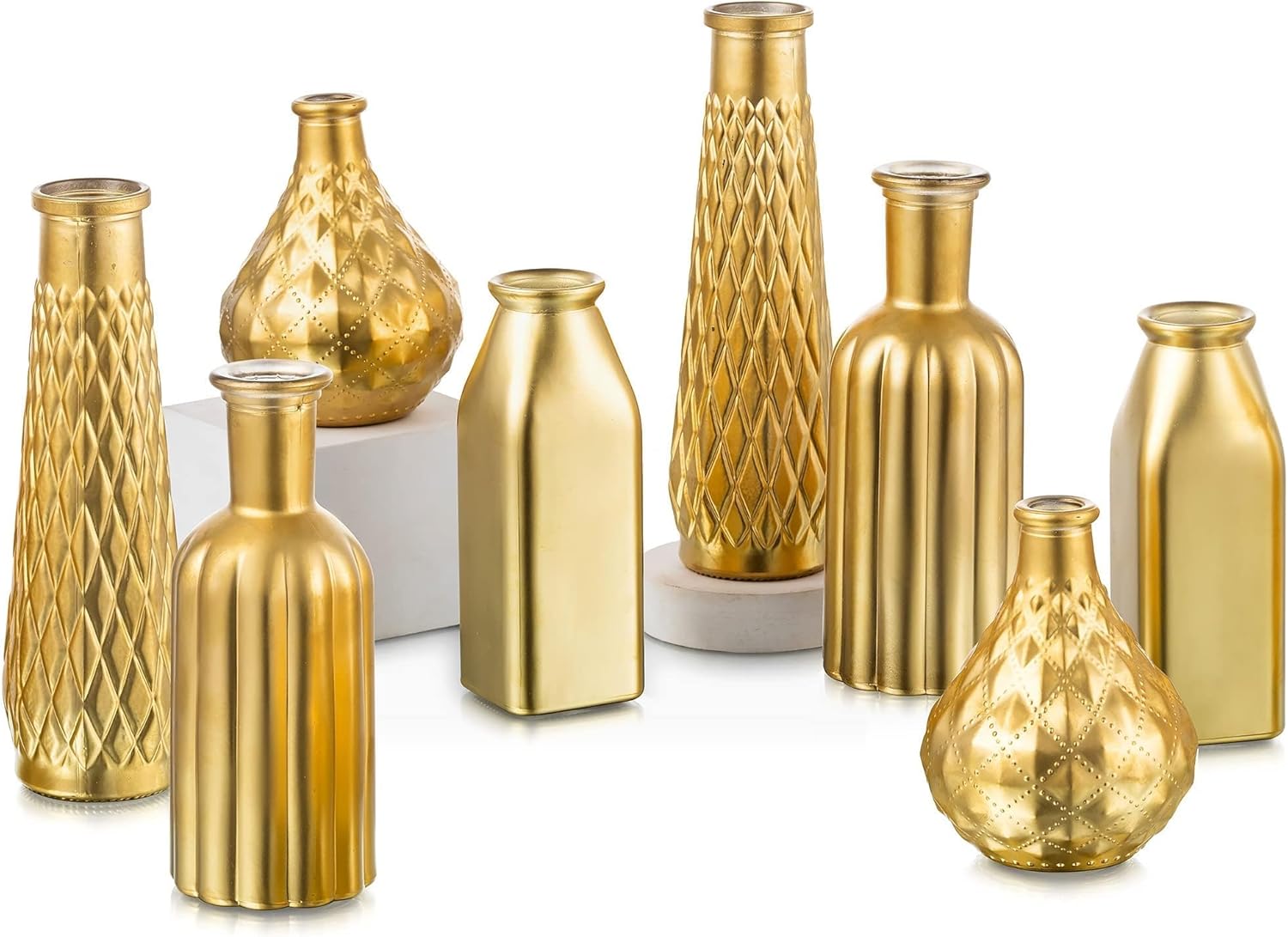 Glaciam 8-Piece Gold Glass Vase Set — Vintage Cylindrical Centerpieces