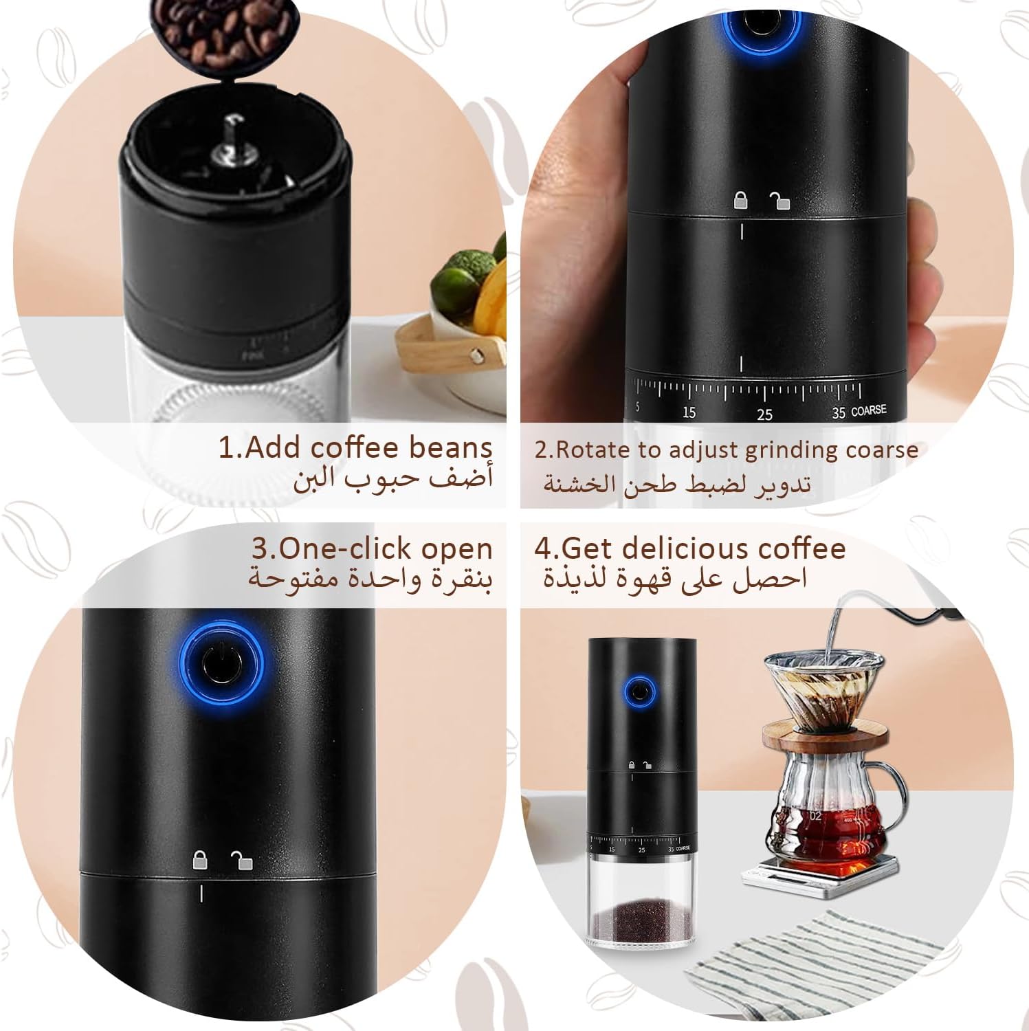 X-Chemos Electric Coffee Grinder, Portable, 38 Settings