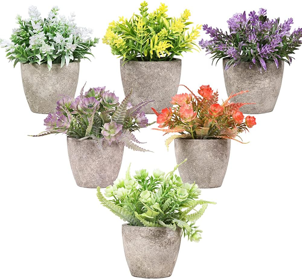 Mini Artificial Flower Shrubs — Set of 6 Green Decorative Pots