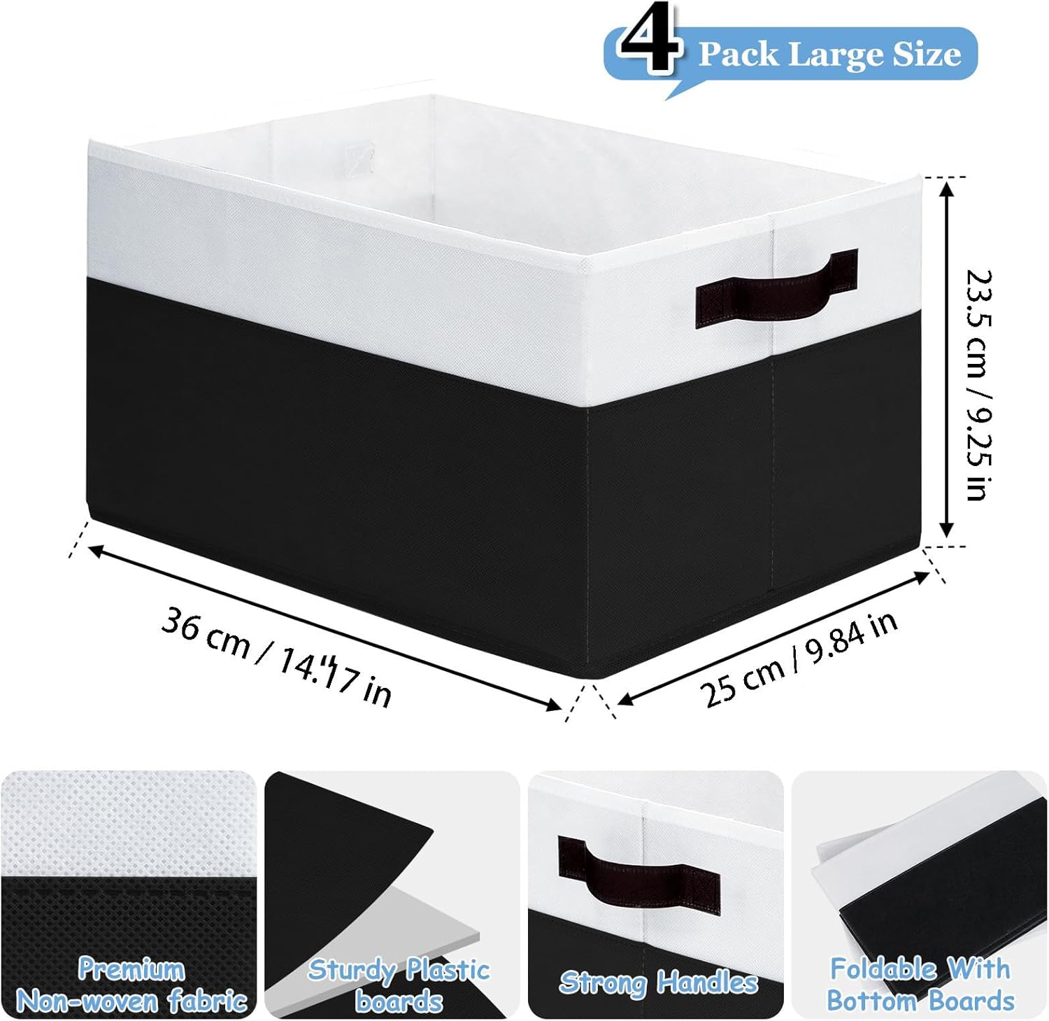4-Pack Large Fabric Storage Baskets with Handles, Black