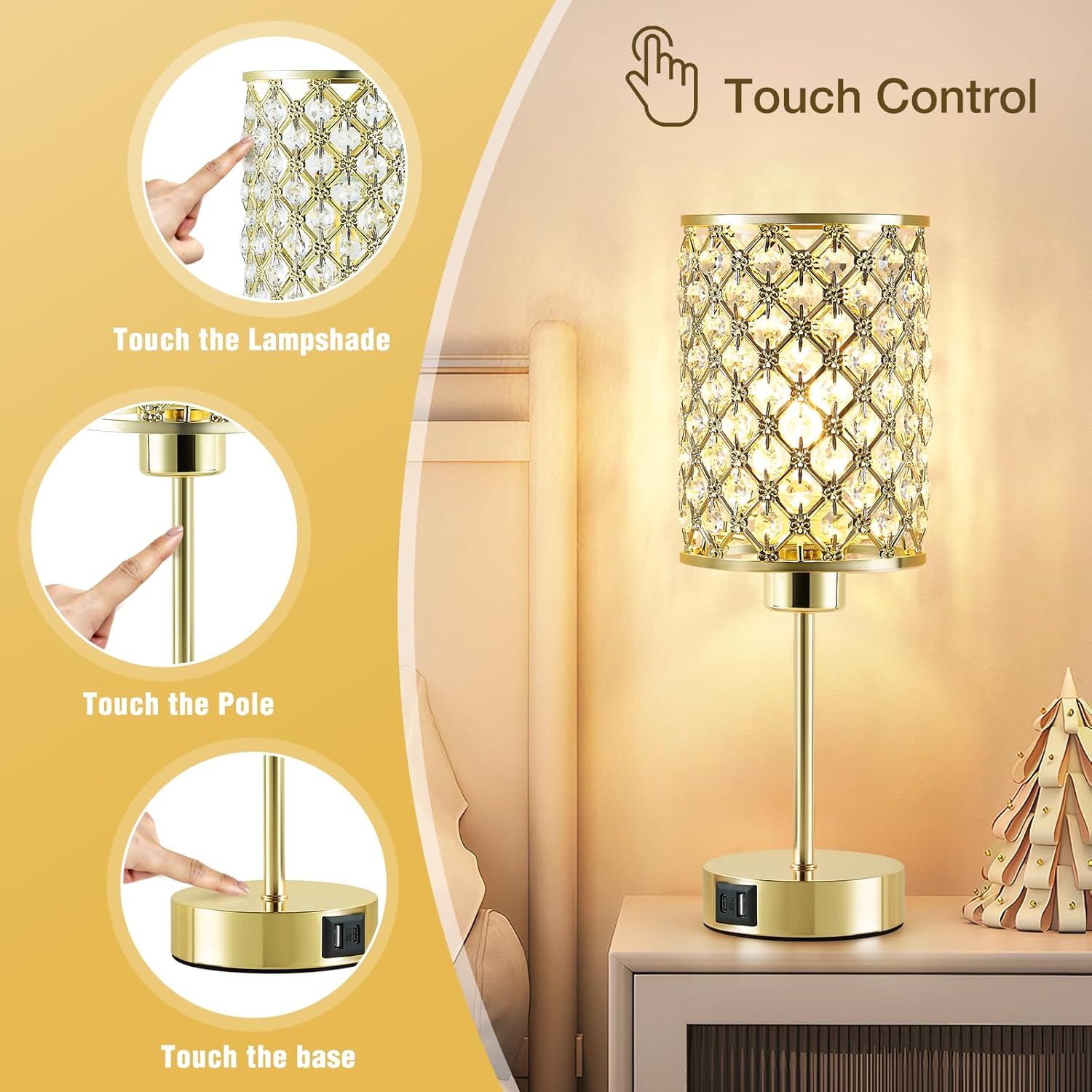 Crystal Touch Table Lamp — Gold, 3-Way Dimmable with USB-C & USB-A Ports