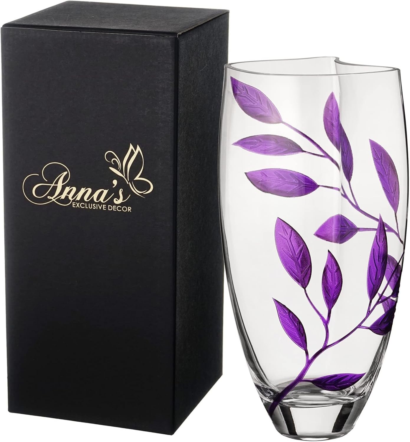 Innas Exclusive Hand-Blown Glass Vase — Purple Leaf Design, 11.4", Gift Box